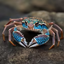 a close up of a blue crab sitting on a rock