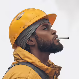 man wearing a hardhat and smoking a cigarette