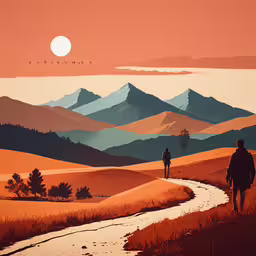 a painting of people walking in the distance,a picture of two people walking towards mountains