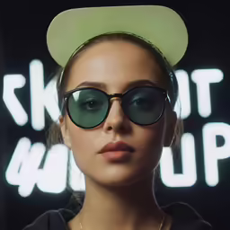 a woman wearing sunglasses with a hat on her head
