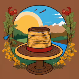 a hat is in front of an oval painting,a picture of an artistic hat