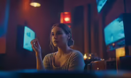 woman sitting in an empty darkened room and listening to music
