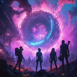 five people stand in front of an animated ring