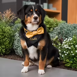 a small dog that has some gold decorations on its collar