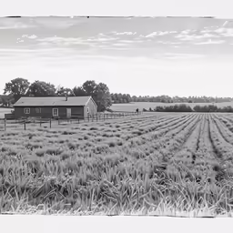a small barn stands in the middle of an open field