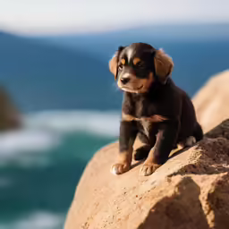 a puppy on a rock with the ocean in the background