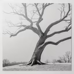 an old tree sitting in a snow covered field