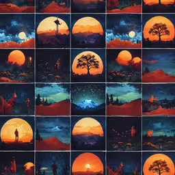 an art work of a desert and trees in full moon,several images of trees, hills and the sky are lit by sunset