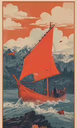 a ship in the middle of the ocean with snow covered mountains in background,this is an old advertisement for a boat and it says no way