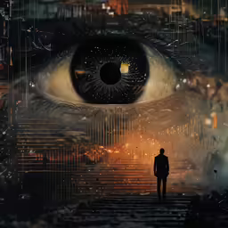 a surreal painting depicting an eye and person standing in the background