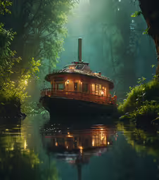 a house boat floating on top of a river surrounded by trees,a house boat sitting in a jungle filled with trees