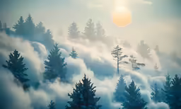 trees are seen through clouds as the sun rises over them