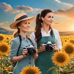 two ladies with cameras in front of a sunflower field
