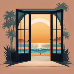 open door on a beach at sunset with a man standing out the window,an open door leading to a beach with palm trees