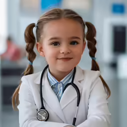 a little girl dressed in a medical gown sitting at a desk