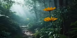 two yellow flowers bloom in the middle of a forest