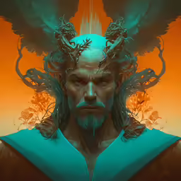the face of a man with wings and other items over his head