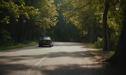 the small van is driving down the road
