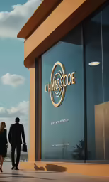 two people walking past a business that is called the chimes score