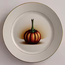 the painting shows an orange pumpkin in the center of a plate