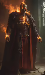 a man dressed as a glad priest, in flames