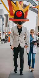 a man and woman are standing underneath the sign