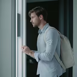 a man with a bag stands in an open window