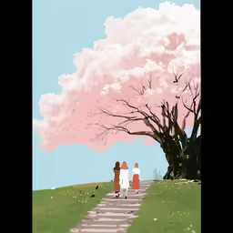 a painting of three people walking down a pathway with a tree in the background