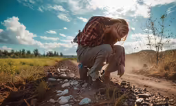 a boy wearing brown boots and plaid shirt kneeling down on a dirt path