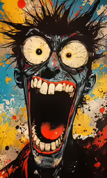 a painting that has the face of zombie with many eyes