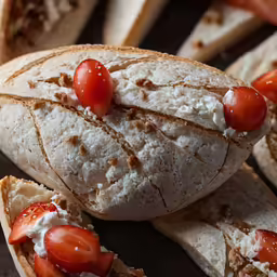 a close up of some bread with red fruits