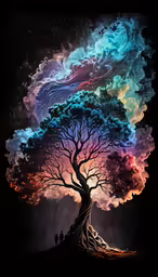 the artwork shows people standing under a colorful sky