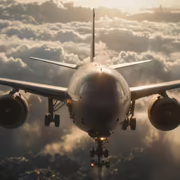 a large airplane flies above the clouds