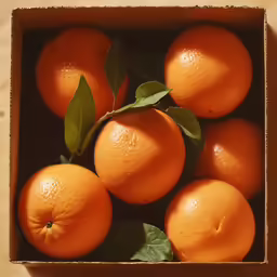oranges in a cardboard box with some leaves on them