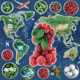 a map of the world with raspberries, other types of berries, and some other objects