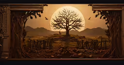 a painting showing a man standing by a tree in the middle of a field,a tree that is in front of a sunset