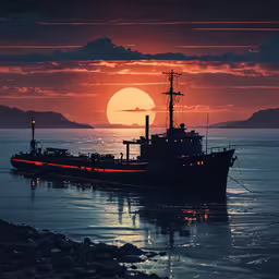 a boat out in the water during a sunset,there is a large boat that is in the water