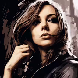 a painting of a woman with a black jacket,a woman with her hand near her face