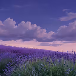 a field full of lavender flowers under a blue cloudy sky,this is a field with a hill and a sky filled with clouds