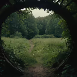 the trail is bordered with lush vegetation and a large wooden archway