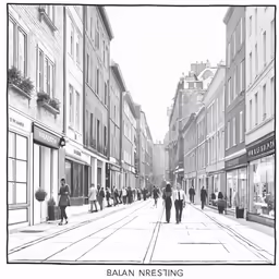 a street scene with people walking down it