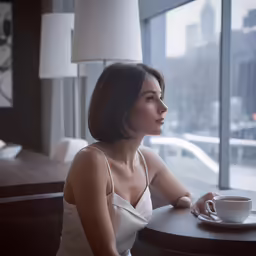 a woman sitting at a table in front of a window, and having a drink