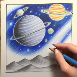 a person with a pencil draws on the paper of a picture of the planets,the artist has drawn a star scene in chalk,someone