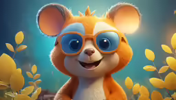 an orange teddy bear with glasses standing among yellow flowers