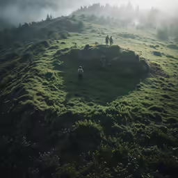 some people are standing around in the mountains