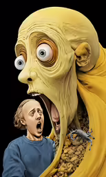 a drawing of a man eating peanuts with an alien