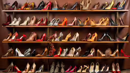 a shelf with many different colored shoes on it,an assortment of shoes displayed in front of brown walls