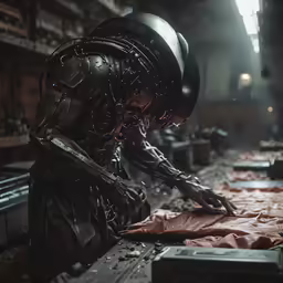 an alien looking robot wearing a protective suit is cutting on something red foil