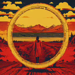 a man standing in front of a giant circular artwork,the man in red is standing in front of a orange background
