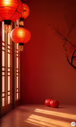 three red lanterns next to a tree with no leaves